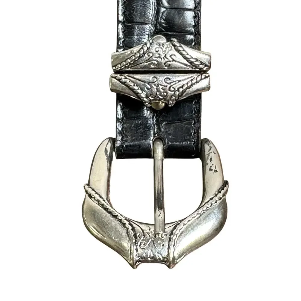 Nanni Womens Leather Belt Black Croc Embossed Western Silver Hardware Size 38